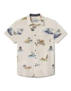 Flat lay of Sailor Stories Cream Vagabond recycled travel button-up shirt with bold print