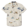 Flat lay of Sailor Stories Cream Vagabond recycled travel button-up shirt with bold print