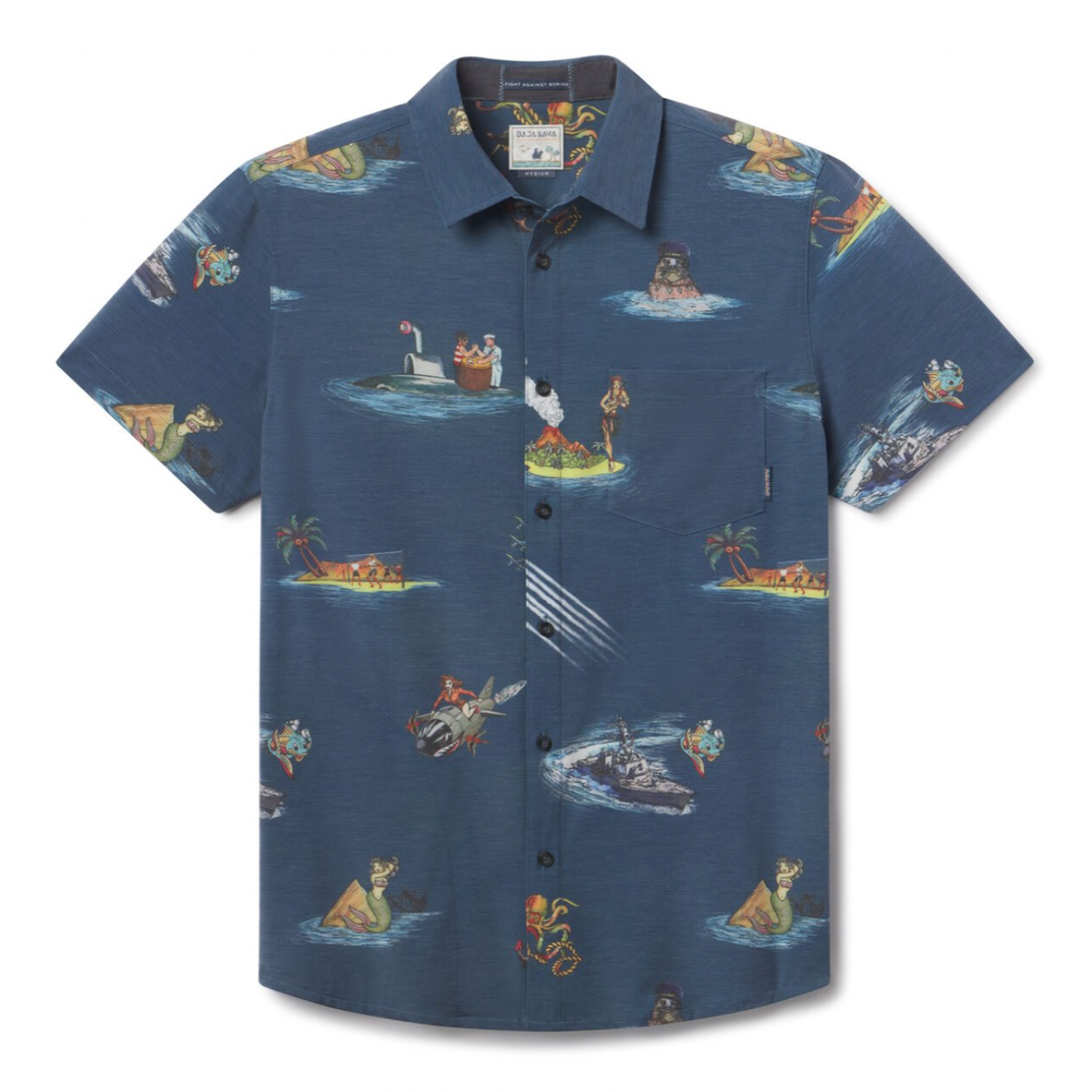 Flat lay of Sailor Stories Navy Vagabond recycled travel button-up shirt with bold print