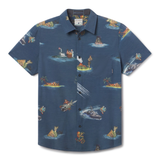 Flat lay of Sailor Stories Navy Vagabond recycled travel button-up shirt with bold print
