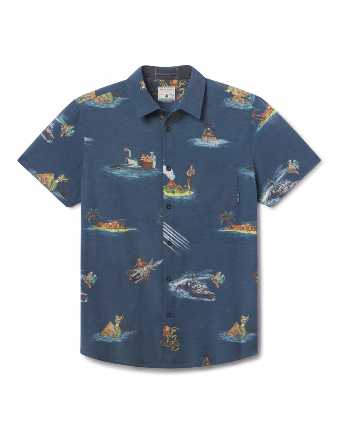 Flat lay of Sailor Stories Navy Vagabond recycled travel button-up shirt with bold print