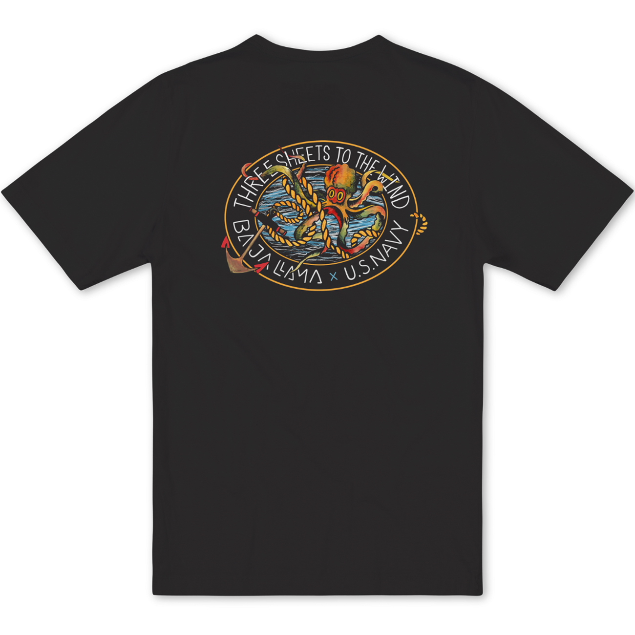 Back view of the Baja Llama Sailor Stories Octopus black graphic tee, featuring a colorful nautical octopus and anchor design with 'Three Sheets to the Wind' text.