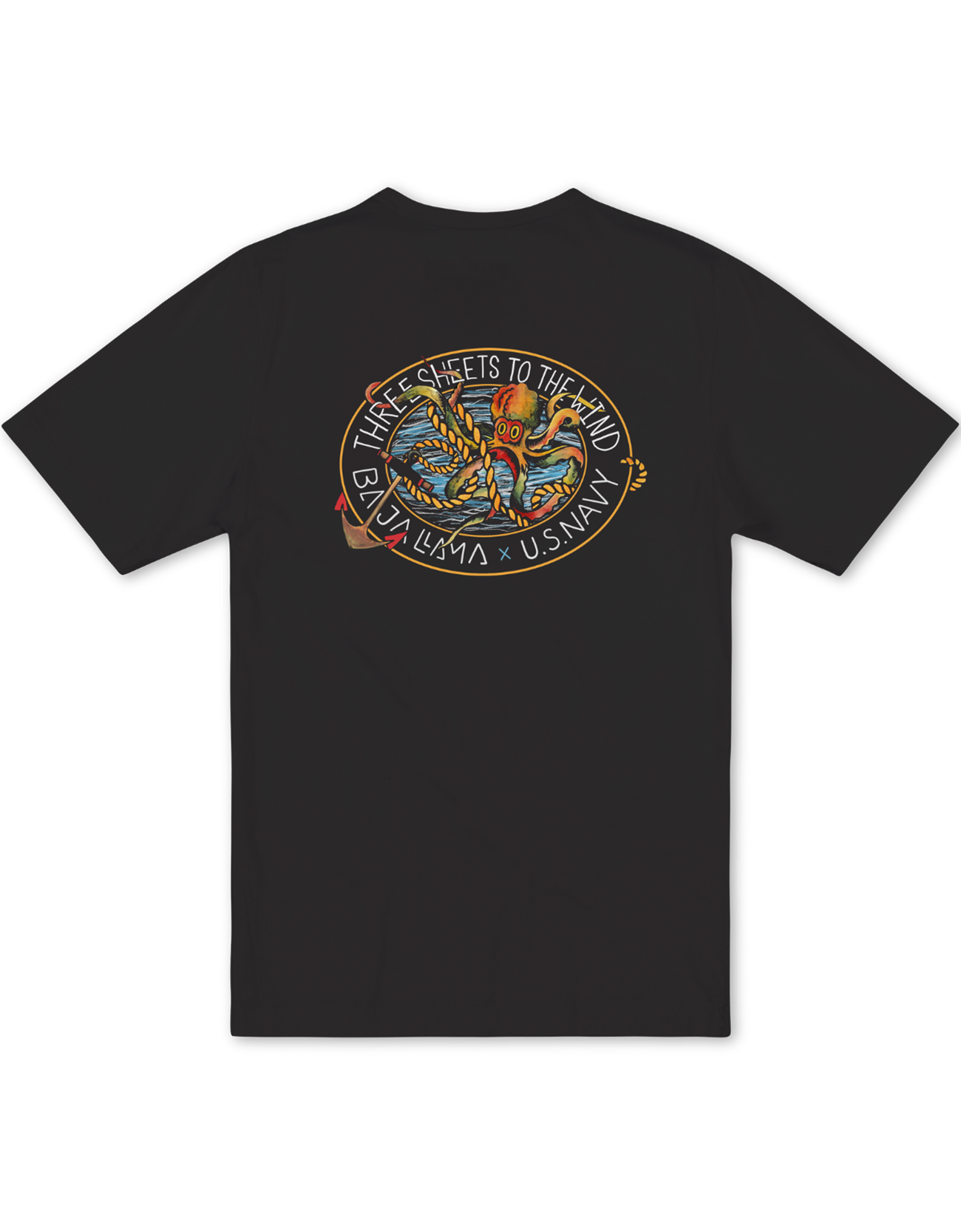 Back view of the Baja Llama Sailor Stories Octopus black graphic tee, featuring a colorful nautical octopus and anchor design with 'Three Sheets to the Wind' text.
