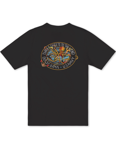 Back view of the Baja Llama Sailor Stories Octopus black graphic tee, featuring a colorful nautical octopus and anchor design with 'Three Sheets to the Wind' text.