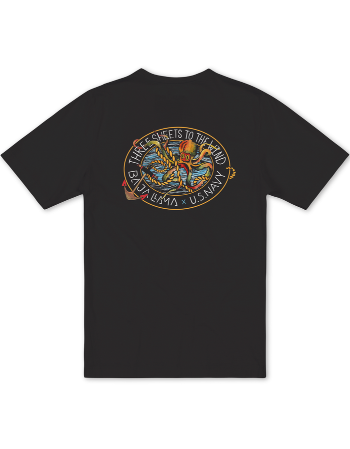 Back view of the Baja Llama Sailor Stories Octopus black graphic tee, featuring a colorful nautical octopus and anchor design with 'Three Sheets to the Wind' text.