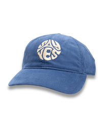 Front three-quarter view of steel gray Say Yes corduroy dad hat with cream circular Say Yes embroidery