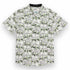 White button up shirt with hand drawn print of sloths wearing green glasses