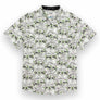 White button up shirt with hand drawn print of sloths wearing green glasses