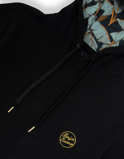 Baja Llama's organic cotton sustainable black magic city hoodie with internal zip pocket
