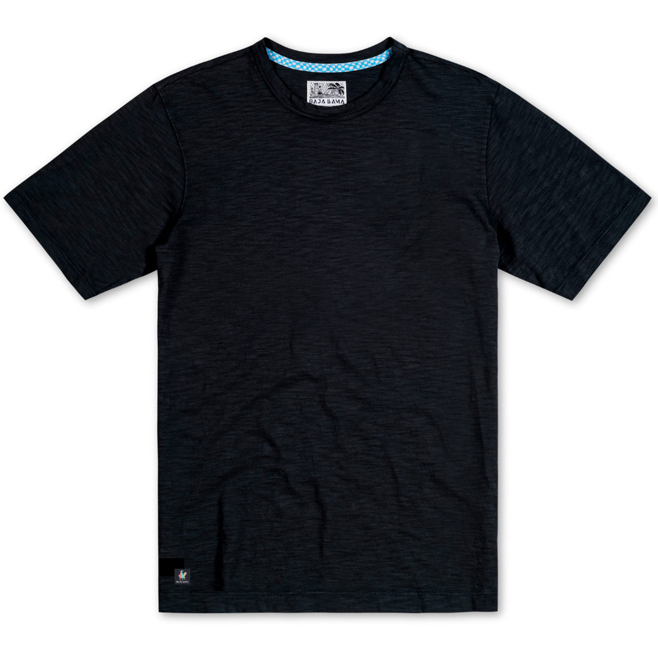 Baja Llama Solid Black Slub Pima Tee – Black crewneck T-shirt made from ultra-premium Peruvian cotton with textured slub finish – Displayed flat with woven neck label and signature Sloth Llama patch near hem – Lightweight, breathable, and eco-friendly casual wear for men