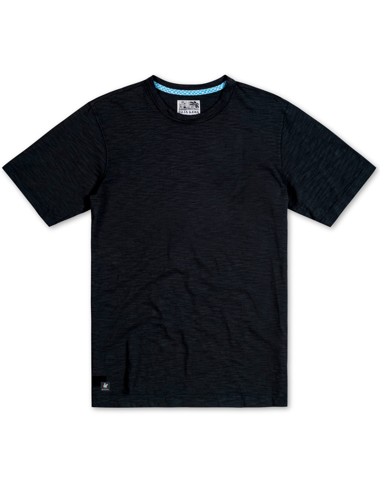 Baja Llama Solid Black Slub Pima Tee – Black crewneck T-shirt made from ultra-premium Peruvian cotton with textured slub finish – Displayed flat with woven neck label and signature Sloth Llama patch near hem – Lightweight, breathable, and eco-friendly casual wear for men