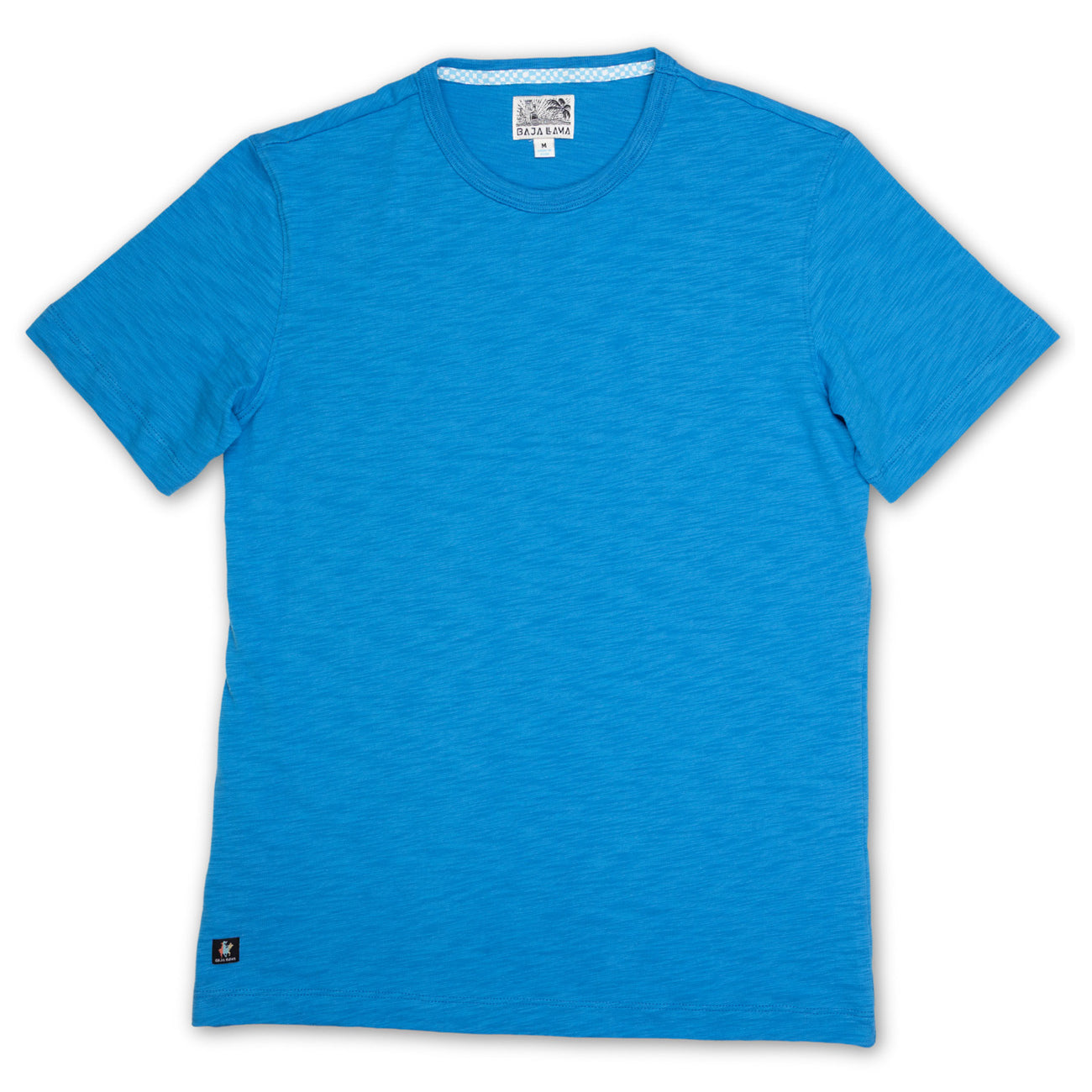 SOLID BLUE Slub Pima Tee by Baja Llama with premium slub-textured Pima cotton, solid blue color, short sleeves, crew neckline, and relaxed modern fit for everyday comfort
