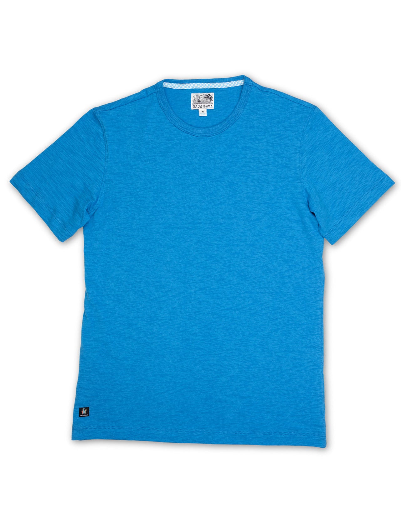 SOLID BLUE Slub Pima Tee by Baja Llama with premium slub-textured Pima cotton, solid blue color, short sleeves, crew neckline, and relaxed modern fit for everyday comfort