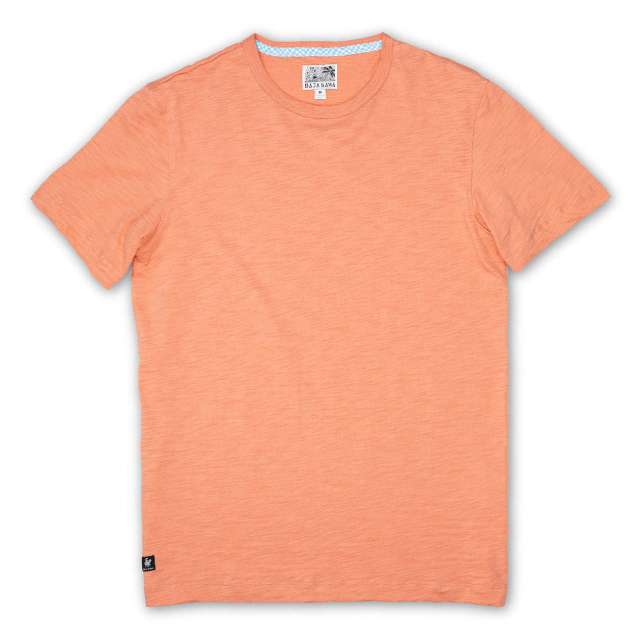 Baja Llama Solid Burnt Salmon Slub Pima Tee – Burnt coral crewneck T-shirt made from ultra-premium Peruvian cotton with textured slub finish – Displayed flat with visible woven neck label and signature Sloth Llama patch near hem – Lightweight, breathable, and eco-friendly casual wear for men