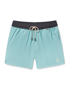 Solid green swim shorts with a black waistband on a white background