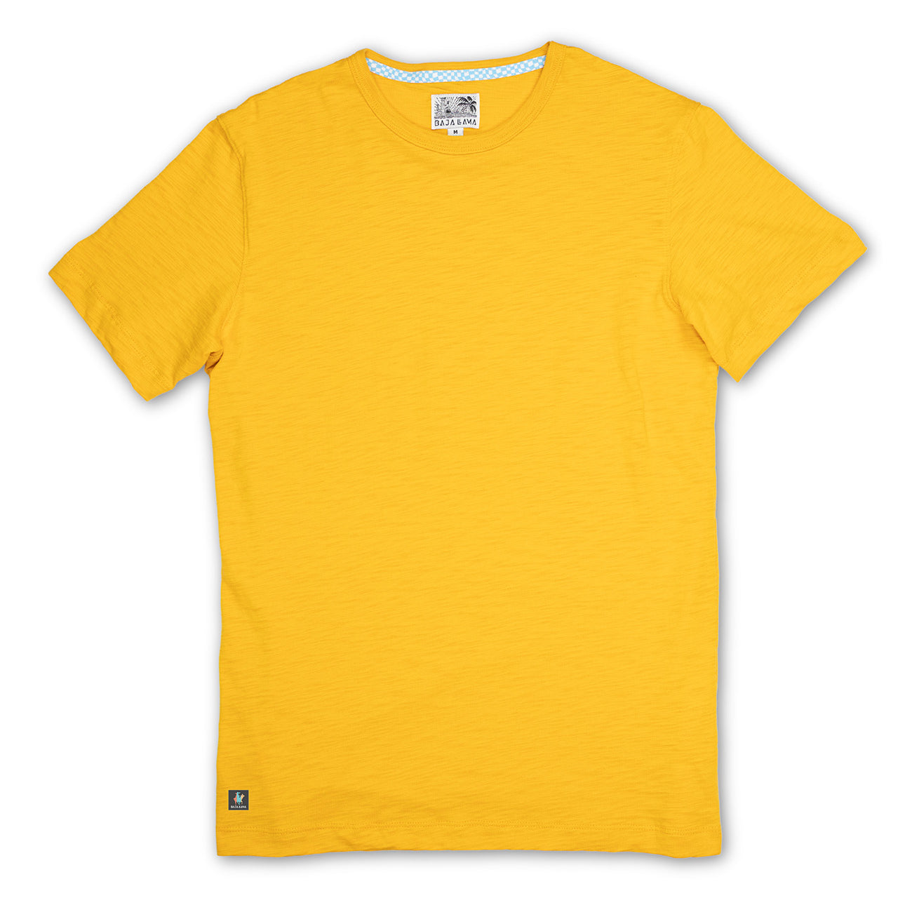 Baja Llama Solid Mustard Slub Pima Tee – Mustard yellow crewneck T-shirt made from ultra-premium Peruvian cotton with textured slub finish – Lightweight, breathable, and eco-friendly casual wear for men – Displayed flat with visible woven neck label and signature Sloth Llama patch near hem