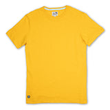 Baja Llama Solid Mustard Slub Pima Tee – Mustard yellow crewneck T-shirt made from ultra-premium Peruvian cotton with textured slub finish – Lightweight, breathable, and eco-friendly casual wear for men – Displayed flat with visible woven neck label and signature Sloth Llama patch near hem