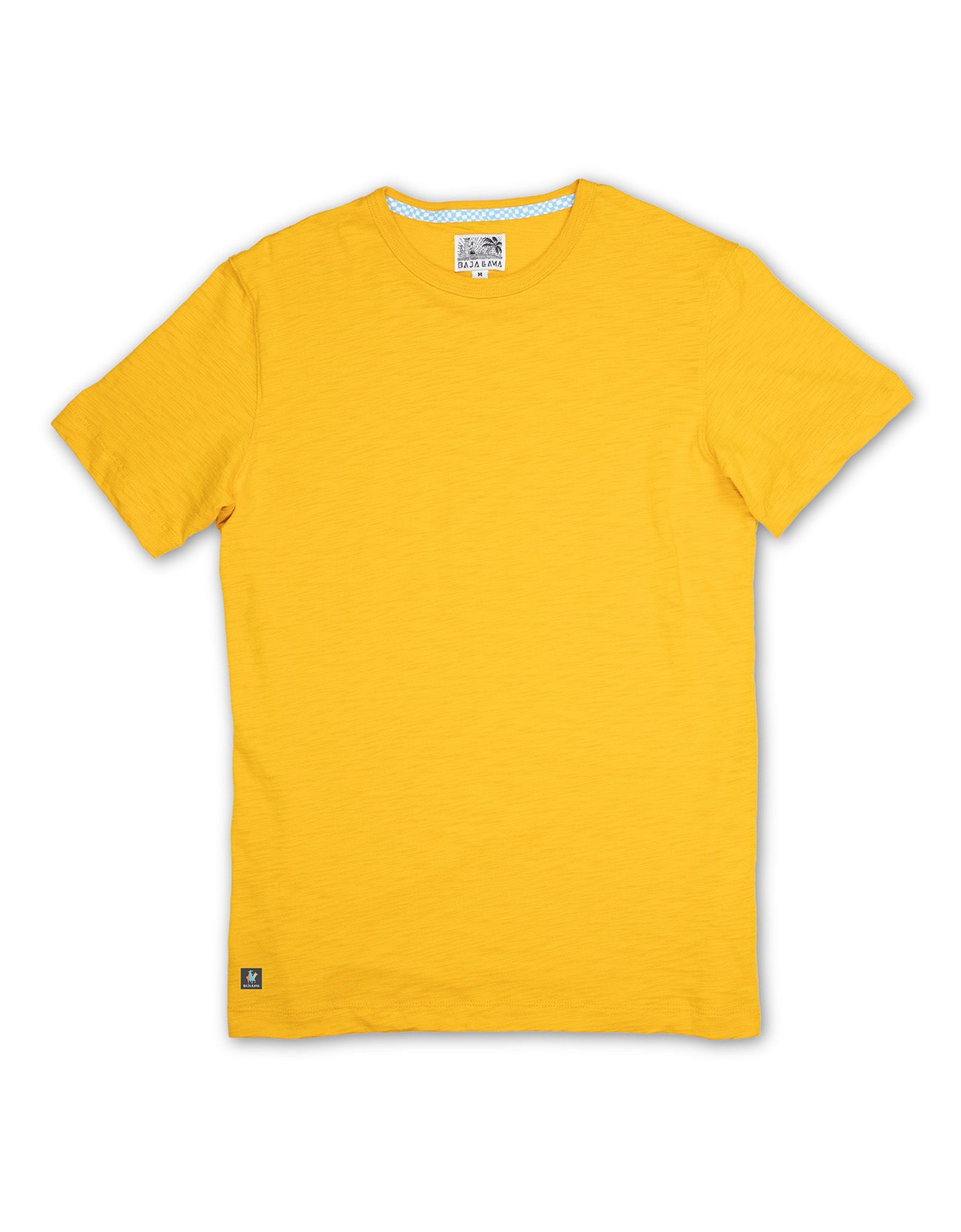 Baja Llama Solid Mustard Slub Pima Tee – Mustard yellow crewneck T-shirt made from ultra-premium Peruvian cotton with textured slub finish – Lightweight, breathable, and eco-friendly casual wear for men – Displayed flat with visible woven neck label and signature Sloth Llama patch near hem