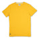 Baja Llama Solid Mustard Slub Pima Tee – Mustard yellow crewneck T-shirt made from ultra-premium Peruvian cotton with textured slub finish – Lightweight, breathable, and eco-friendly casual wear for men – Displayed flat with visible woven neck label and signature Sloth Llama patch near hem