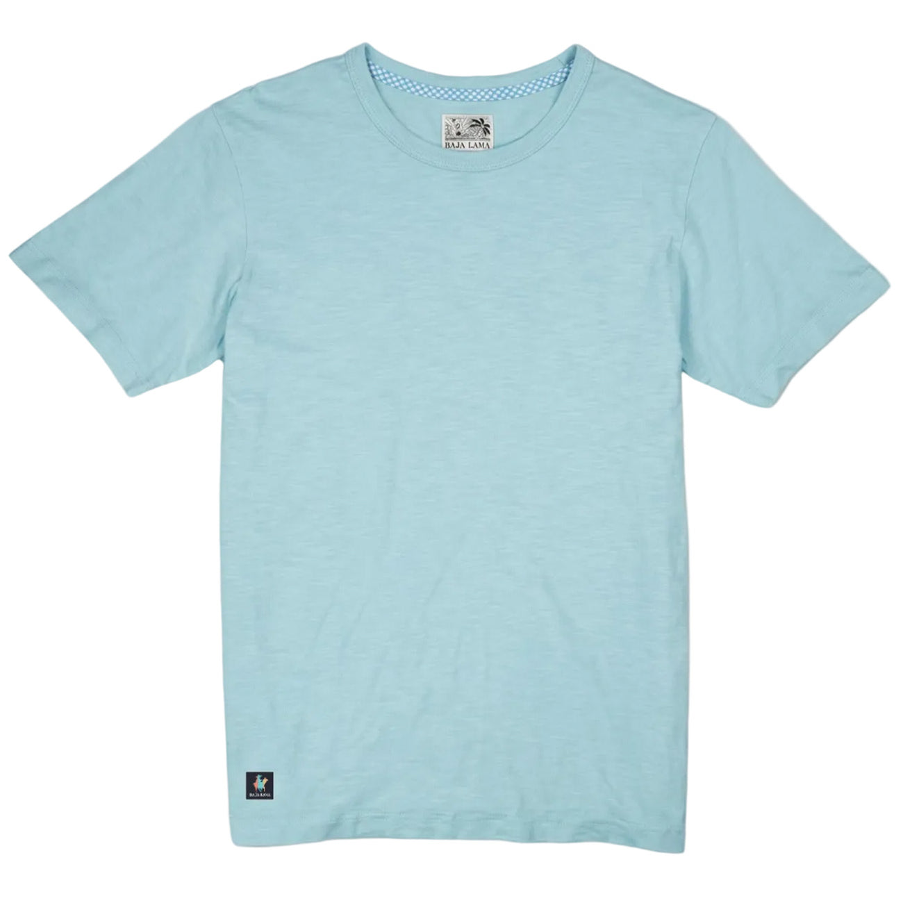 Front flat-lay view of the Baja Llama Solid Porcelain Blue Pima Slub Tee, featuring a light blue crewneck t-shirt with a distinct slub texture and a small square brand logo patch on the bottom left hem.