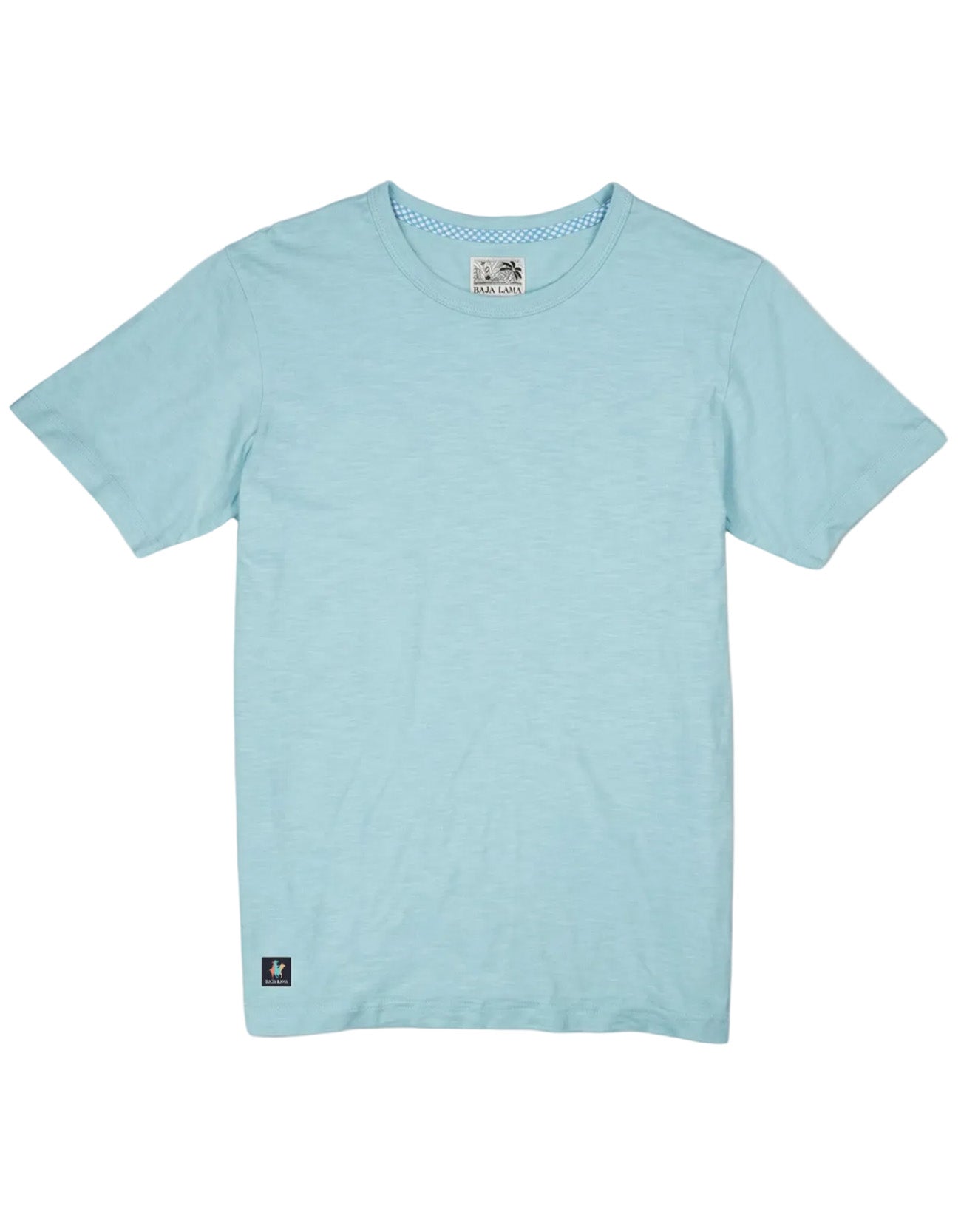 Front flat-lay view of the Baja Llama Solid Porcelain Blue Pima Slub Tee, featuring a light blue crewneck t-shirt with a distinct slub texture and a small square brand logo patch on the bottom left hem.