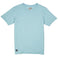 Front flat-lay view of the Baja Llama Solid Porcelain Blue Pima Slub Tee, featuring a light blue crewneck t-shirt with a distinct slub texture and a small square brand logo patch on the bottom left hem.