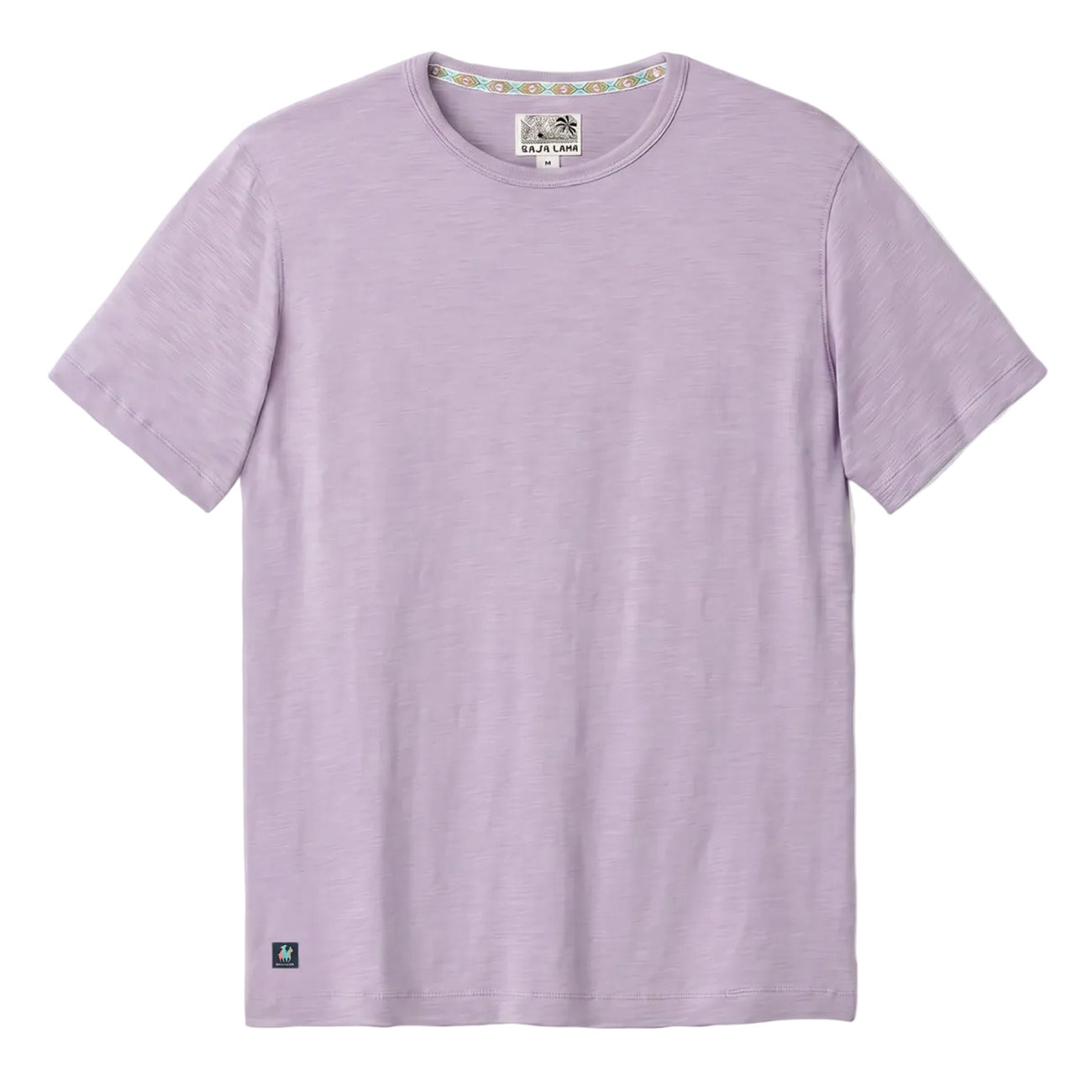 Front flat-lay view of the Baja Llama Solid Purple Rain Pima Slub Tee, featuring a lavender purple crewneck t-shirt with a distinct slub texture and a small square brand logo patch on the bottom left hem.