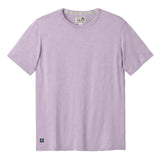 Front flat-lay view of the Baja Llama Solid Purple Rain Pima Slub Tee, featuring a lavender purple crewneck t-shirt with a distinct slub texture and a small square brand logo patch on the bottom left hem.