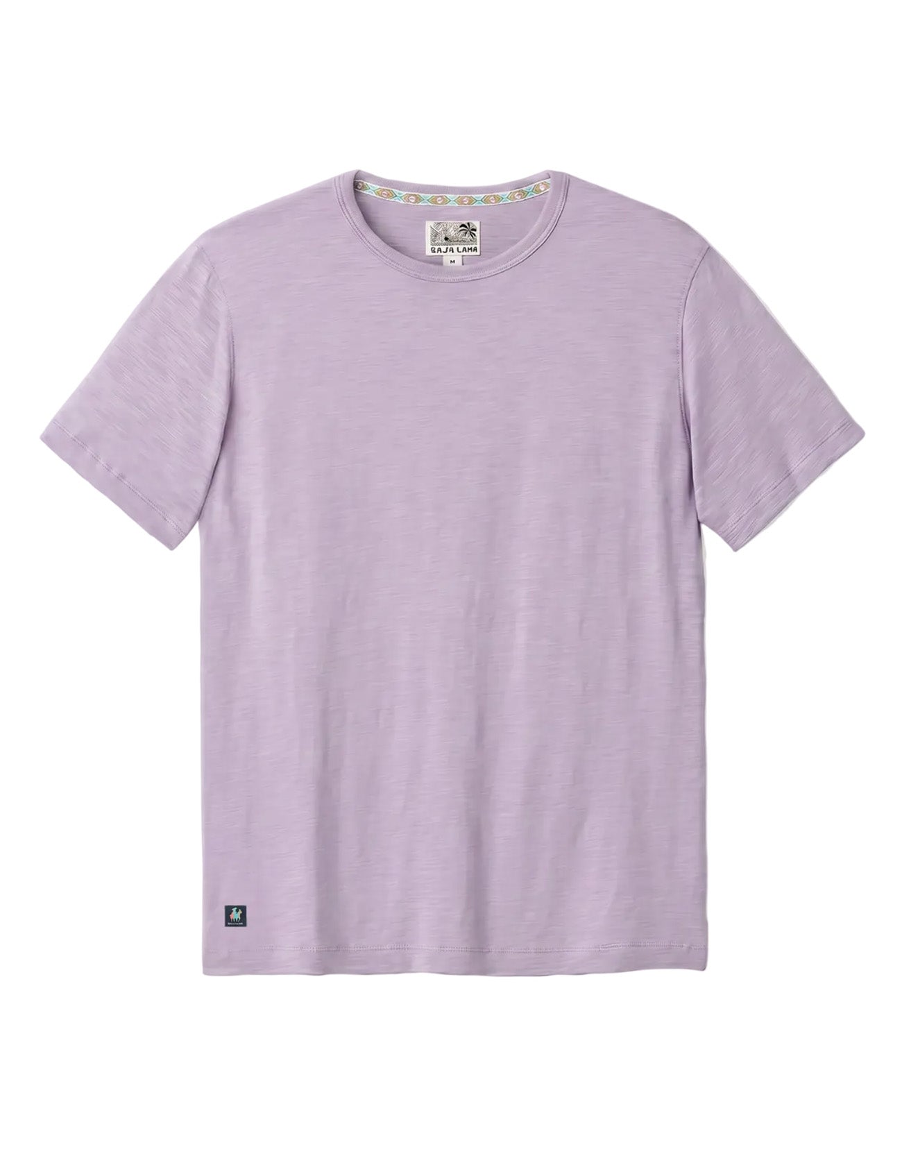 Front flat-lay view of the Baja Llama Solid Purple Rain Pima Slub Tee, featuring a lavender purple crewneck t-shirt with a distinct slub texture and a small square brand logo patch on the bottom left hem.