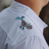  Baja Llama white sea animals embroidery snap front short sleeve button up shirt