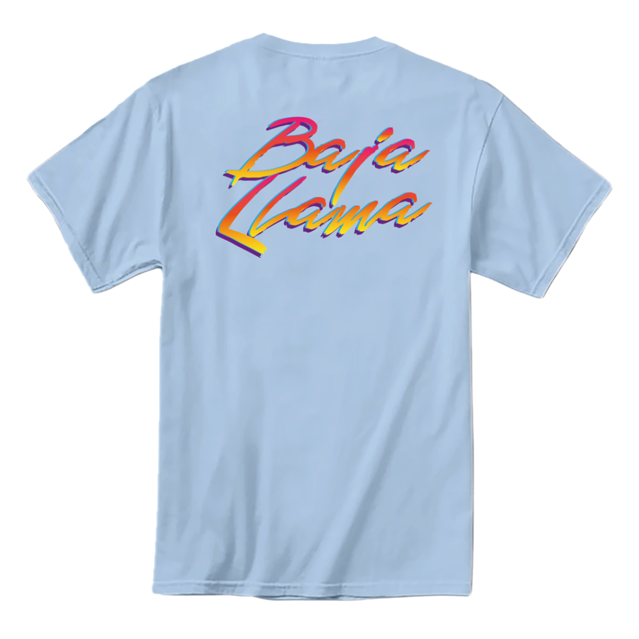 Back view of light blue Baja Llama Street Fight Against Boring Primo graphic tee