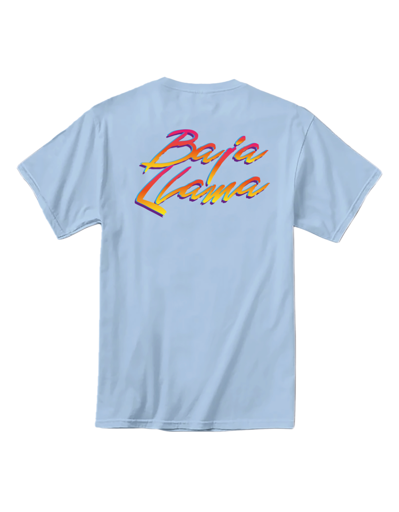 Back view of light blue Baja Llama Street Fight Against Boring Primo graphic tee
