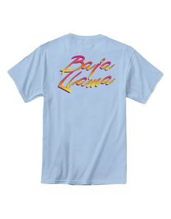 Back view of light blue Baja Llama Street Fight Against Boring Primo graphic tee