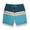 Front flat lay of Striped Thieves Shipwrecks boardshorts with teal colorblock and multicolor chevron stripes