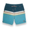 Front flat lay of Striped Thieves Shipwrecks boardshorts with teal colorblock and multicolor chevron stripes
