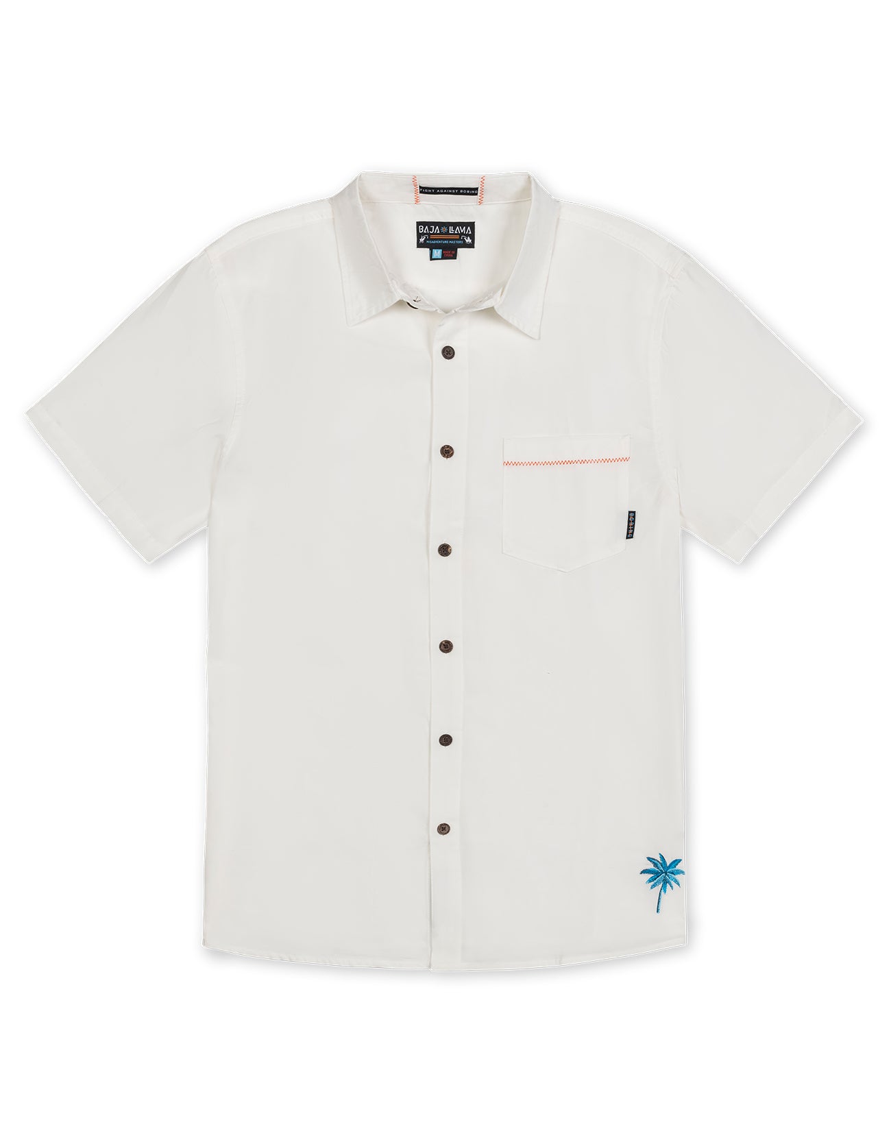 Baja Llama white linen / tencel with cactus embroidery short sleeve button up shirt