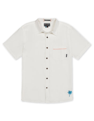 Baja Llama white linen / tencel with cactus embroidery short sleeve button up shirt