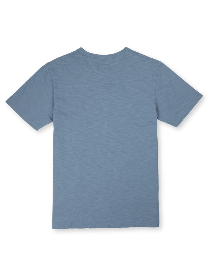 Back view of the blue Baja Llama Sun Dreams Slub Pima Pocket Tee, showcasing the premium slub pima cotton fabric texture.