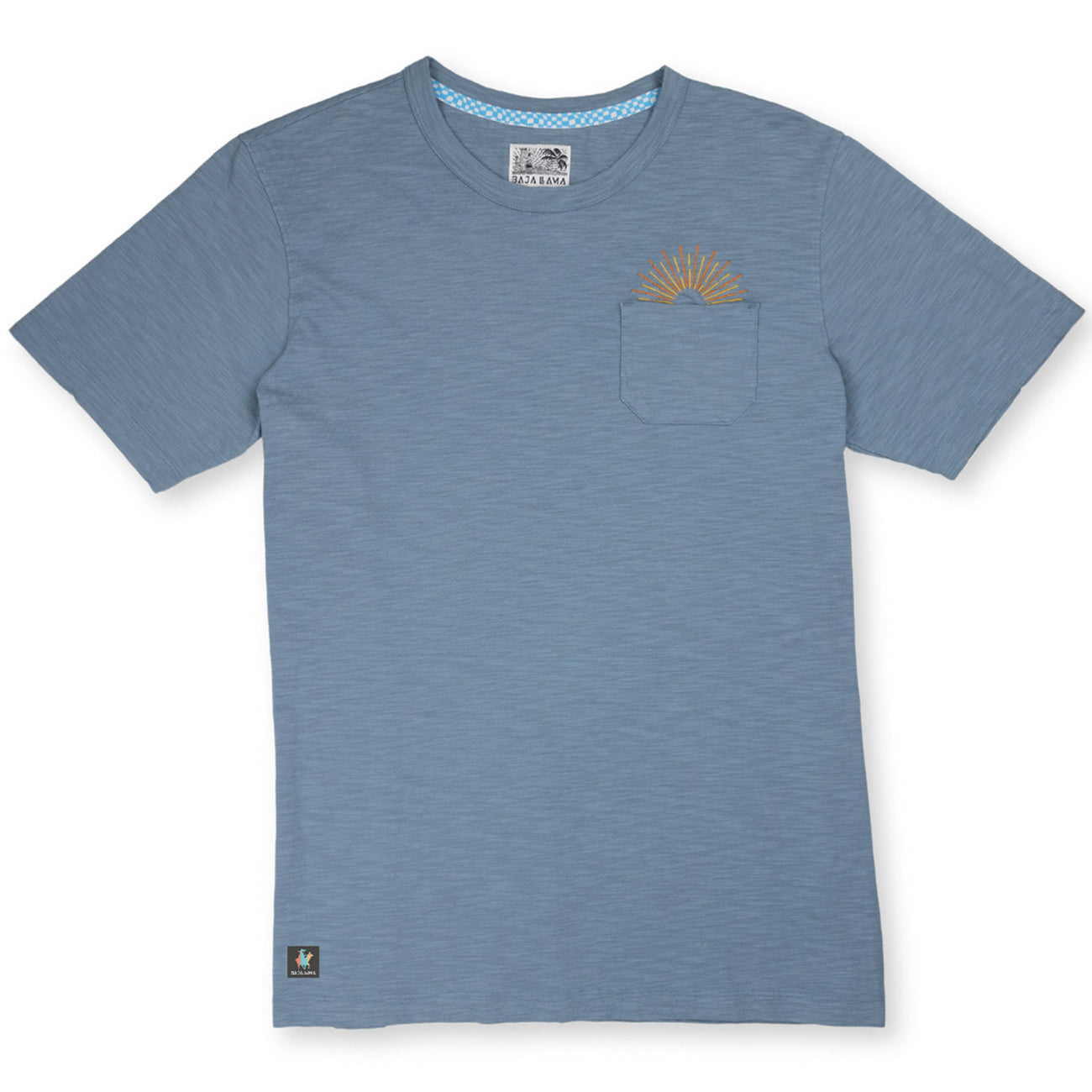 Front view of the Baja Llama Sun Dreams Slub Pima Pocket Tee in blue, featuring embroidered sunrise detail on top of the pocket.