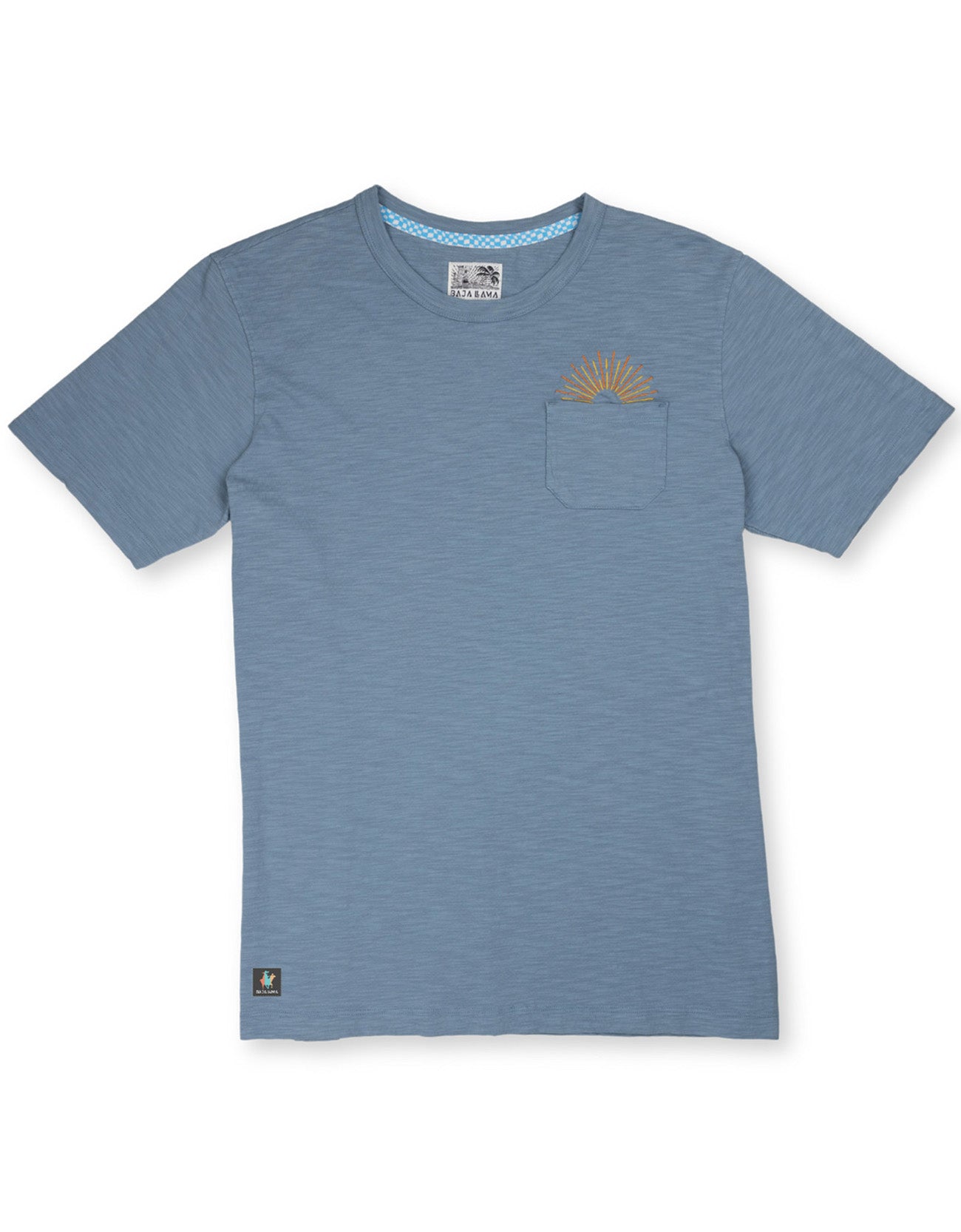 Front view of the Baja Llama Sun Dreams Slub Pima Pocket Tee in blue, featuring embroidered sunrise detail on top of the pocket.