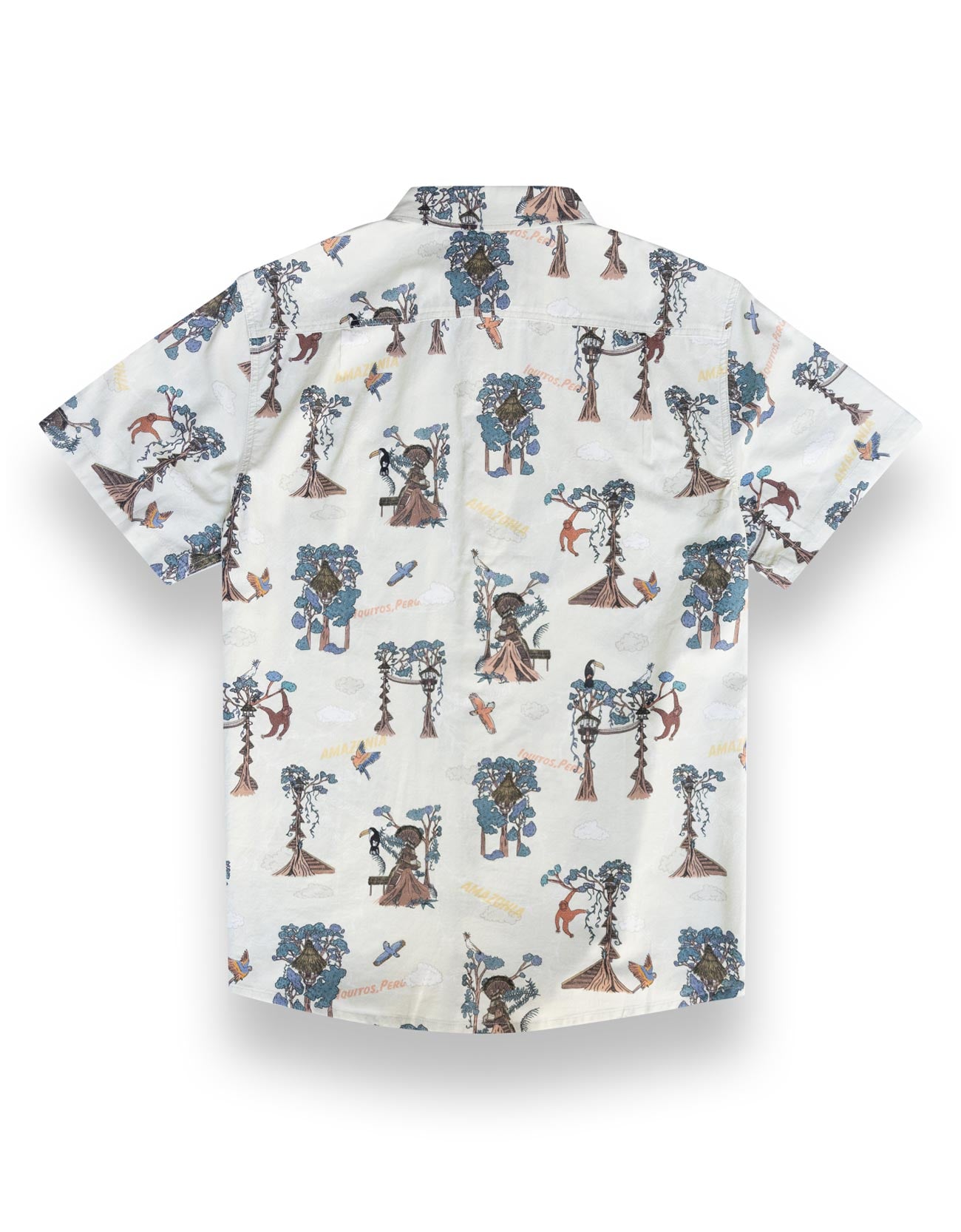 Amazon rainforest treehouse print shirt depicting canopy life in Peru's jungle