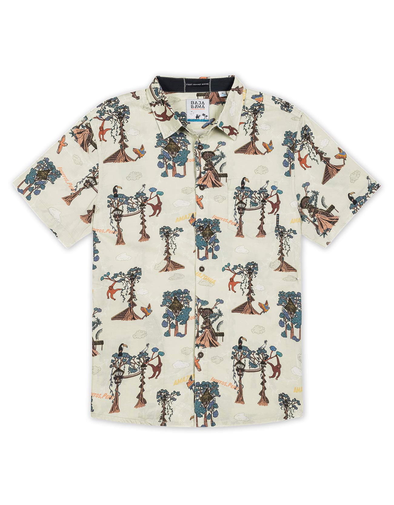 Amazon rainforest treehouse print shirt depicting canopy life in Peru's jungle