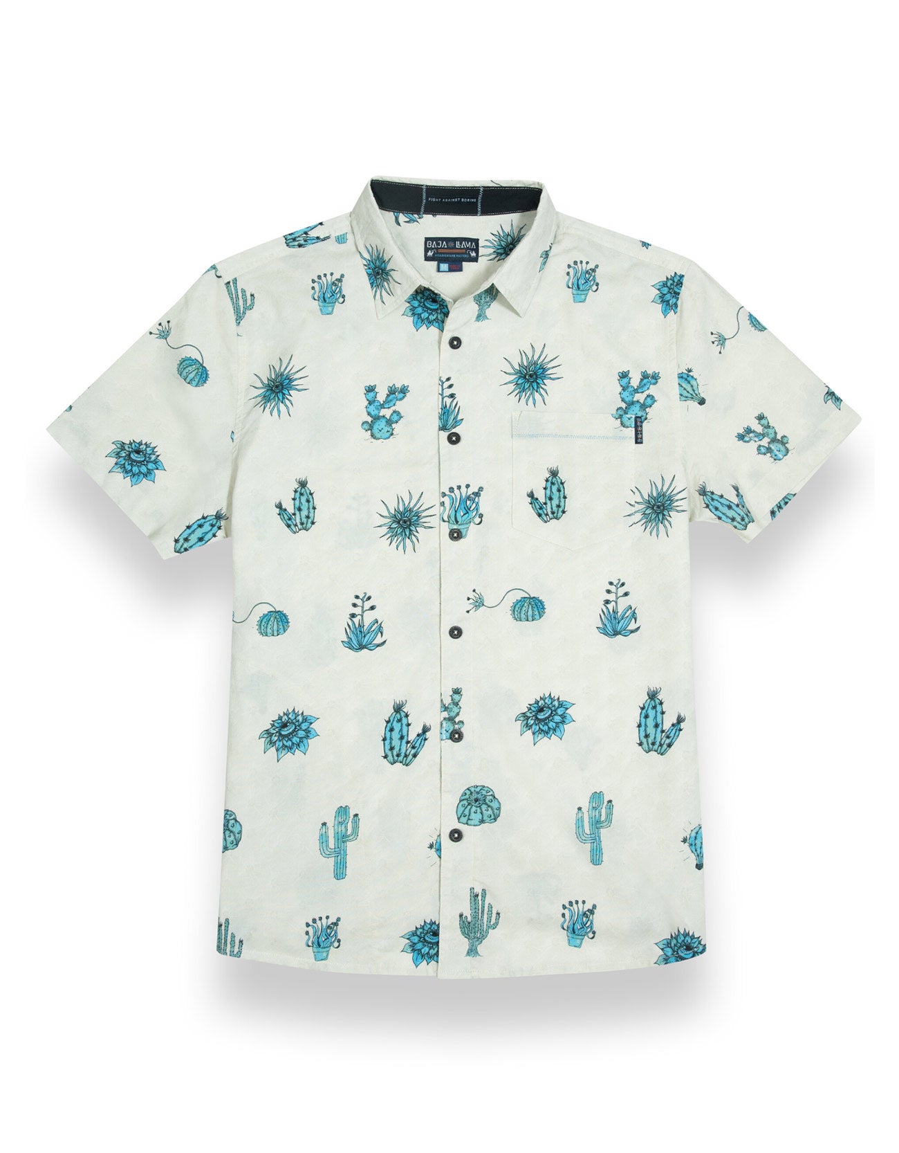 Tan button up shirt with various cactus print in turquoise