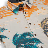 Baja Llama tan tropical jungle tiger print Recycled Poly stretch short sleeve button up shirt