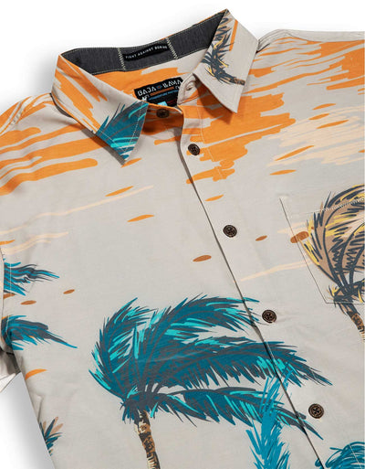 Baja Llama tan tropical jungle tiger print Recycled Poly stretch short sleeve button up shirt