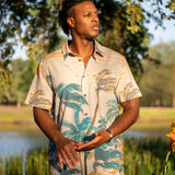 Baja Llama tan tropical jungle tiger print Recycled Poly stretch short sleeve button up shirt