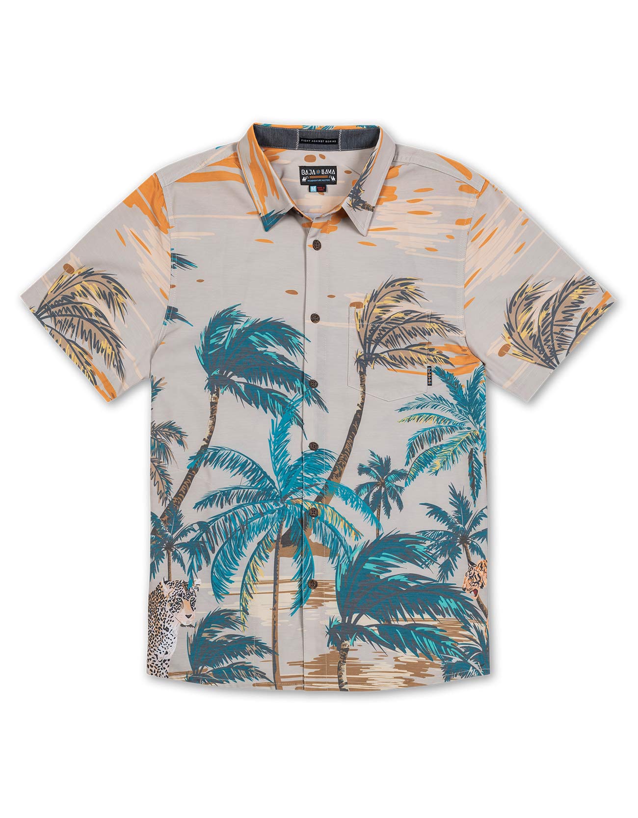 Baja Llama tan tropical jungle tiger print Recycled Poly stretch short sleeve button up shirt