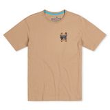 Tranquilo Amigos graphic tee by Baja Llama. This tan-colored tee features a vibrant and playful design with two sloths lounging in hammocks attached to cacti, accompanied by 'Tranquilo Amigos' text. Made from soft fabric with a relaxed fit, perfect for a laid-back, adventurous vibe.