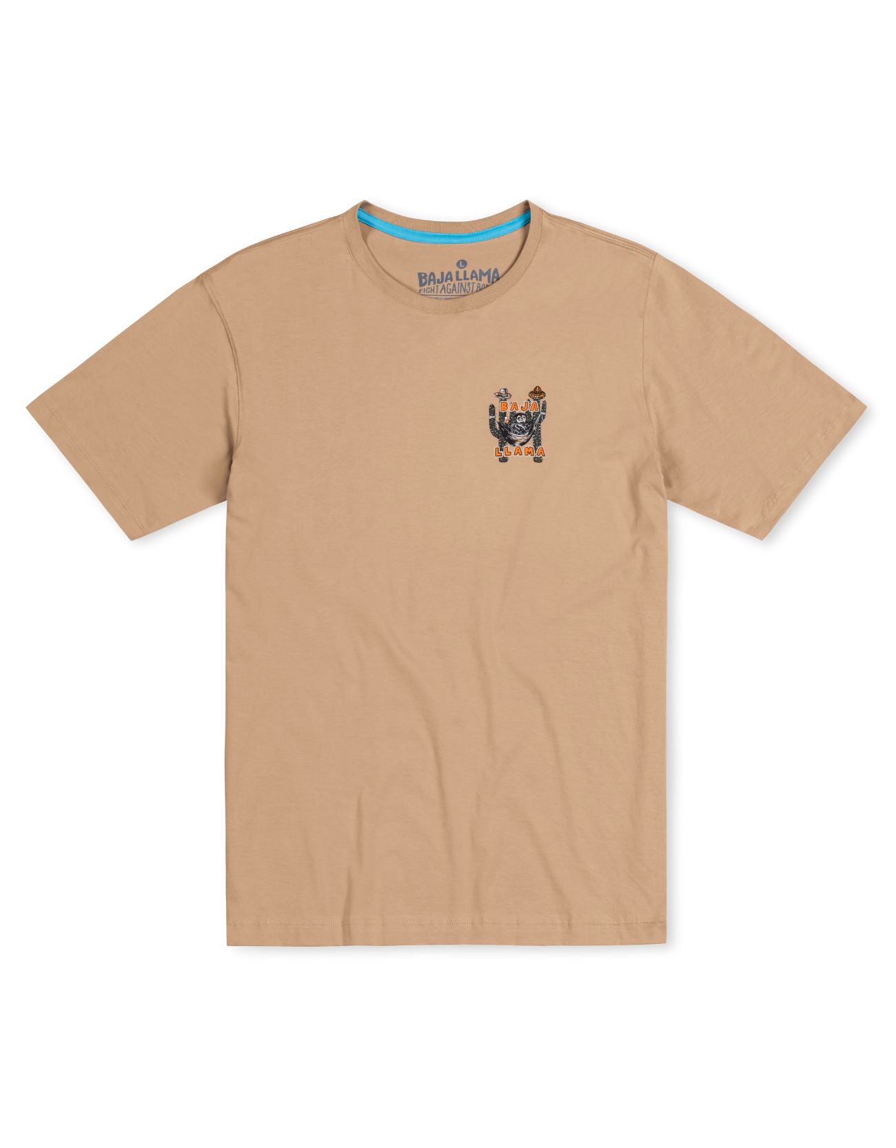 Tranquilo Amigos graphic tee by Baja Llama. This tan-colored tee features a vibrant and playful design with two sloths lounging in hammocks attached to cacti, accompanied by 'Tranquilo Amigos' text. Made from soft fabric with a relaxed fit, perfect for a laid-back, adventurous vibe.