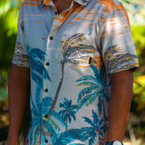 Baja Llama tan tropical jungle tiger print Recycled Poly stretch short sleeve button up shirt